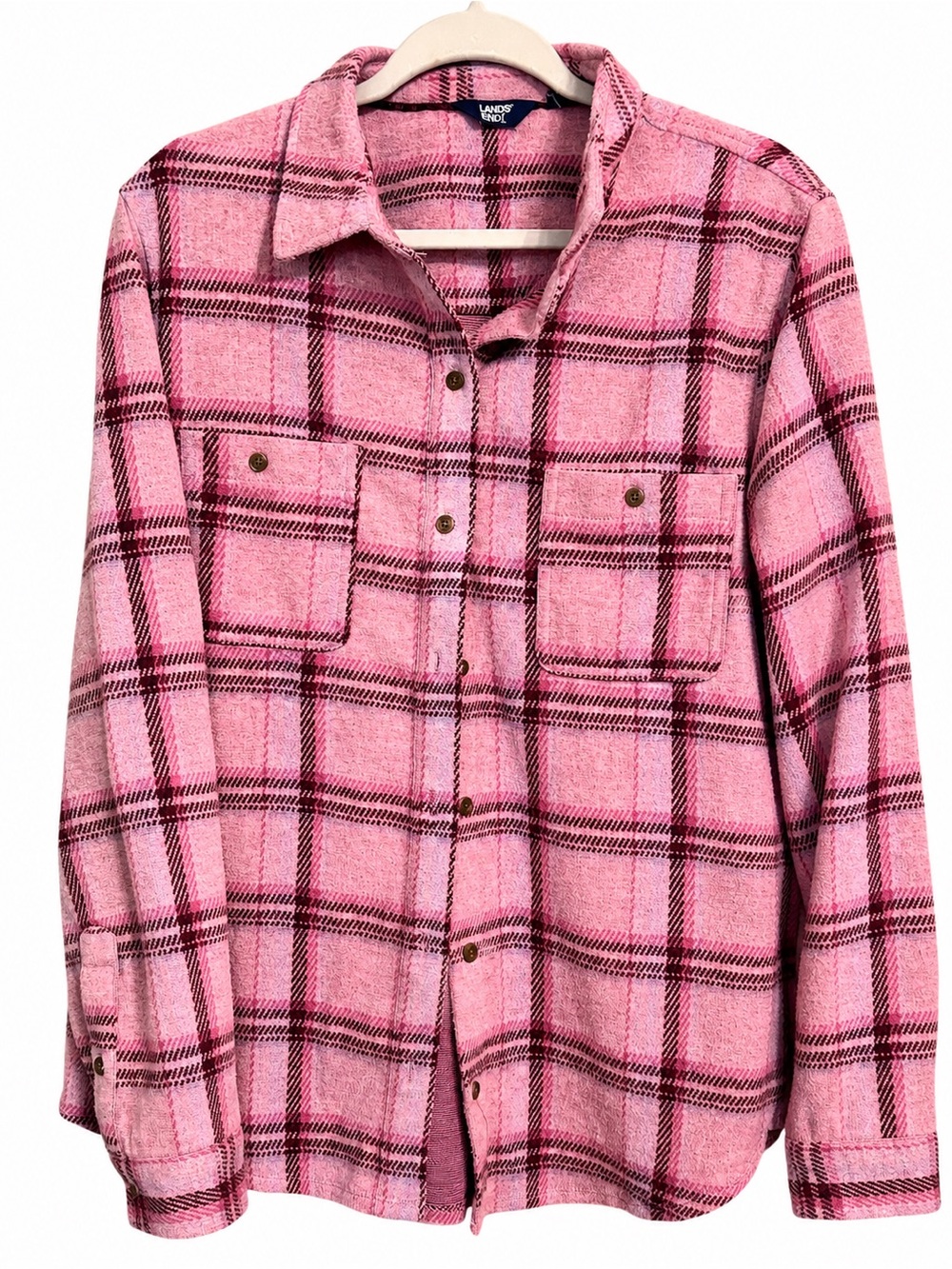Lands' End Pink Plaid Flannel Shirt Jacket XL women’s